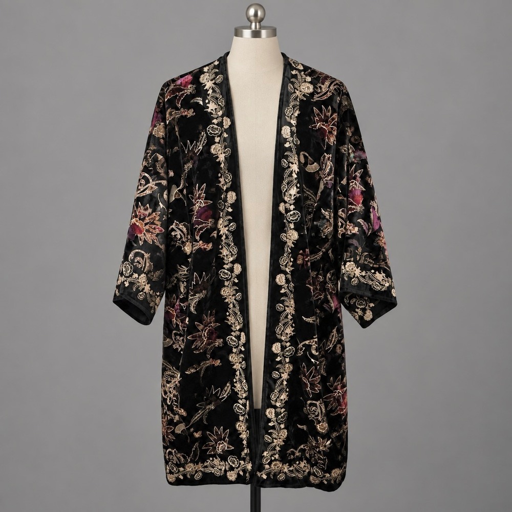 Chico's Travelers Kimono Jacket L XL Black Floral Printed Velvet NWT $189